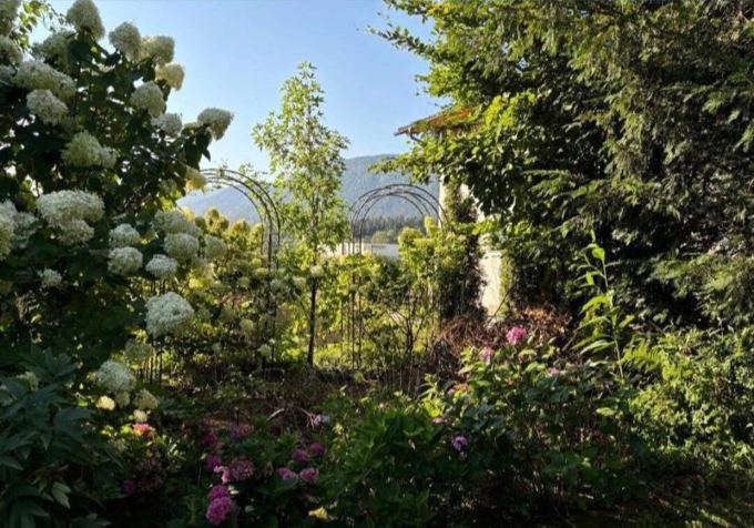 Blühender Naturgarten mit Hortensien, Rosenbögen und Blick über das Drautal auf die Berge