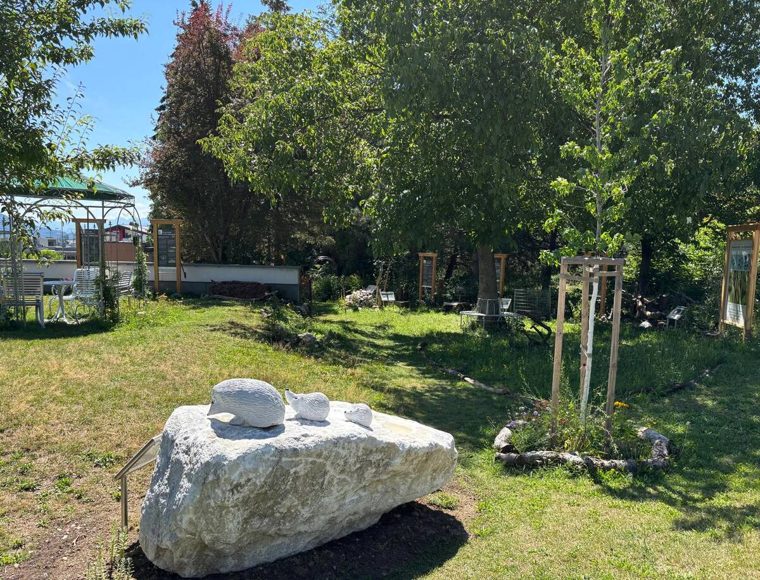Blick über die Wiese des Lehrpfads mit Findling, Igelskulpturen, Pavillon und Info-Tafeln im Hintergrund