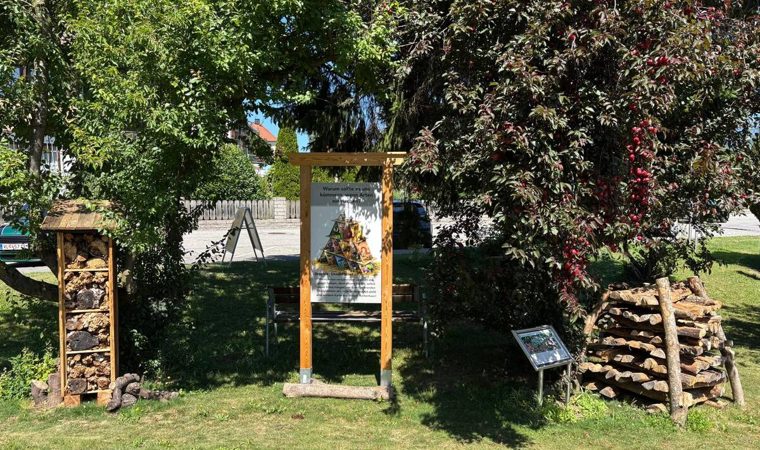 Hohes Insektenhotel aus Holz, daneben eine Lehrtafel unter Holzrahmen und ein aufgeschichteter Holzstapel