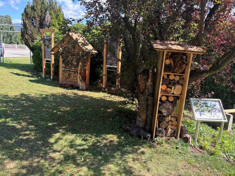 Zwei Insektenhotels und ein Holzhaus in der Wiese des Lehrpfads, dazwischen Info-Tafeln und eine Pulttafel