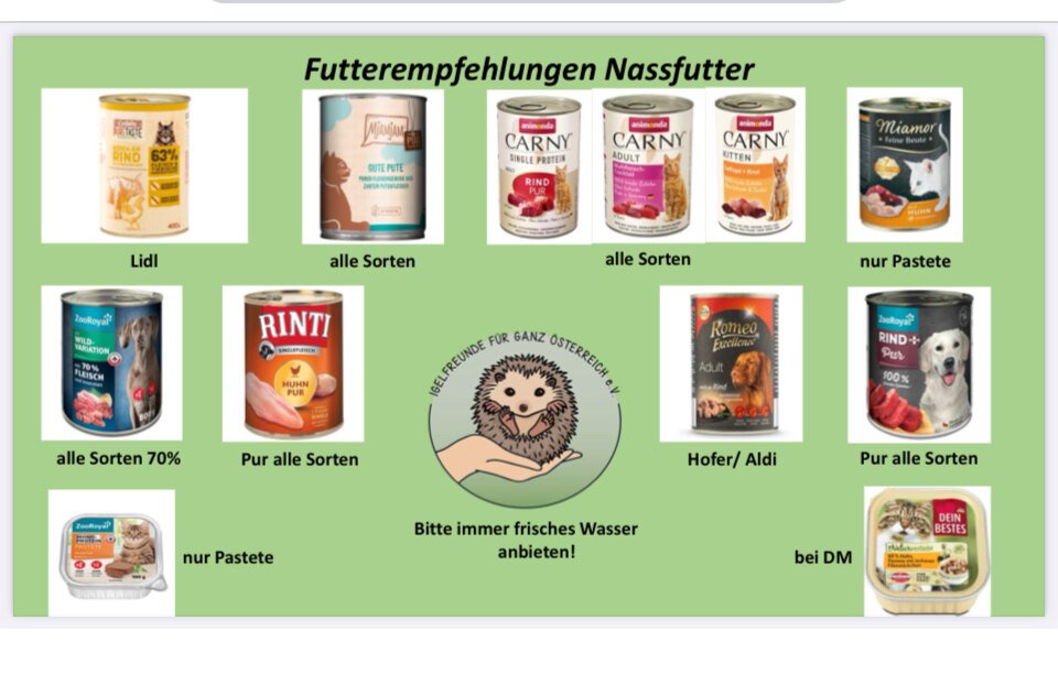 Empfehlungstafel der Igelfreunde für ganz Österreich mit abgebildeten Nassfutter-Dosen und Schälchen für Igel samt Bezugsquellen und dem Hinweis, immer frisches Wasser anzubieten