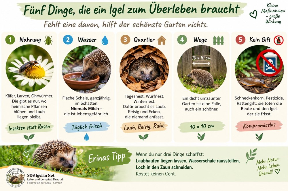 Infotafel „Fünf Dinge, die ein Igel zum Überleben braucht – fehlt eine davon, hilft der schönste Garten nichts“ mit fünf Karten: 1 Nahrung – Käfer, Larven, Ohrwürmer, die gibt es nur, wo heimische Pflanzen blühen und Laub liegen bleibt (Insekten statt Rasen). 2 Wasser – flache Schale, ganzjährig, im Schatten, niemals Milch, die ist lebensgefährlich (täglich frisch). 3 Quartier – Tagesnest, Wurfnest, Winternest, dafür braucht es Laub, Reisig und Ecken, die niemand anfasst (Laub, Reisig, Ruhe). 4 Wege – ein dicht umzäunter Garten ist eine Falle, auch ein schöner (10 × 10 cm Durchgang). 5 Kein Gift – Schneckenkorn, Pestizide, Rattengift töten die Beute und den Igel, der sie frisst (kompromisslos). Unten Erinas Tipp: Wenn du nur drei Dinge schaffst – Laubhaufen liegen lassen, Wasserschale rausstellen, Loch in den Zaun schneiden. Kostet keinen Cent.