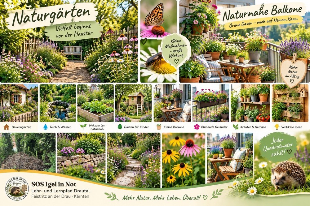 Infotafel „Naturgärten – Vielfalt beginnt vor der Haustür“ und „Naturnahe Balkone – grüne Oasen auch auf kleinem Raum“: eine Bildtafel mit blühendem Naturgarten, Schmetterling auf Sonnenhut und Käfer auf einer Margerite, bepflanztem Balkon mit Kräutertöpfen sowie Beispielen für Bauerngarten, Teich und Wasser, naturnahen Nutzgarten, Garten für Kinder, kleine Balkone, blühende Geländer, Kräuter und Gemüse und vertikale Ideen. Dazu die Hinweise „Kleine Maßnahmen – große Wirkung“, „Mehr Natur im Alltag“, „Jeder Quadratmeter zählt“ und „Mehr Natur. Mehr Leben. Überall!“