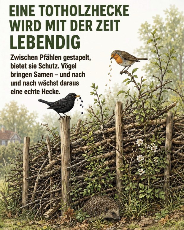 Infotafel „Eine Totholzhecke wird mit der Zeit lebendig“: Zwischen Pfählen gestapelt, bietet sie Schutz. Vögel bringen Samen – und nach und nach wächst daraus eine echte Hecke. Die Zeichnung zeigt eine dicht zwischen Holzpfählen geschichtete Totholzhecke, aus der schon junge Sträucher und eine blühende Brombeere wachsen. Oben lässt ein Rotkehlchen Samen fallen, links sitzt eine Amsel mit Beeren im Schnabel auf einem Pfahl, davor läuft ein Igel durch Laub und Gras.