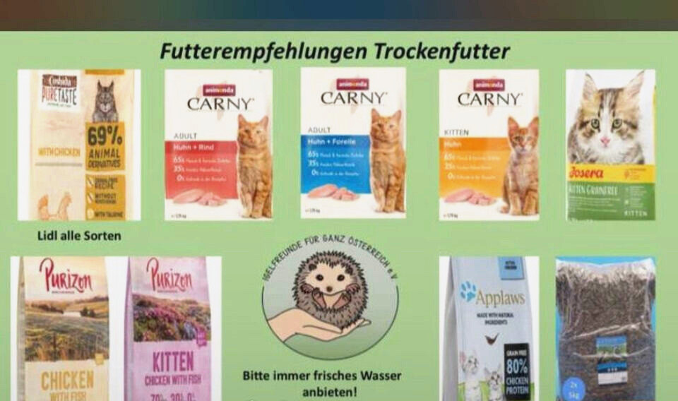 Empfehlungstafel der Igelfreunde für ganz Österreich mit abgebildeten Trockenfutter-Packungen, die sich zur Zufütterung von Igeln eignen