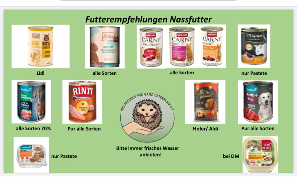 Empfehlungstafel der Igelfreunde für ganz Österreich mit abgebildeten Nassfutter-Dosen und Schälchen für Igel samt Bezugsquellen und dem Hinweis, immer frisches Wasser anzubieten