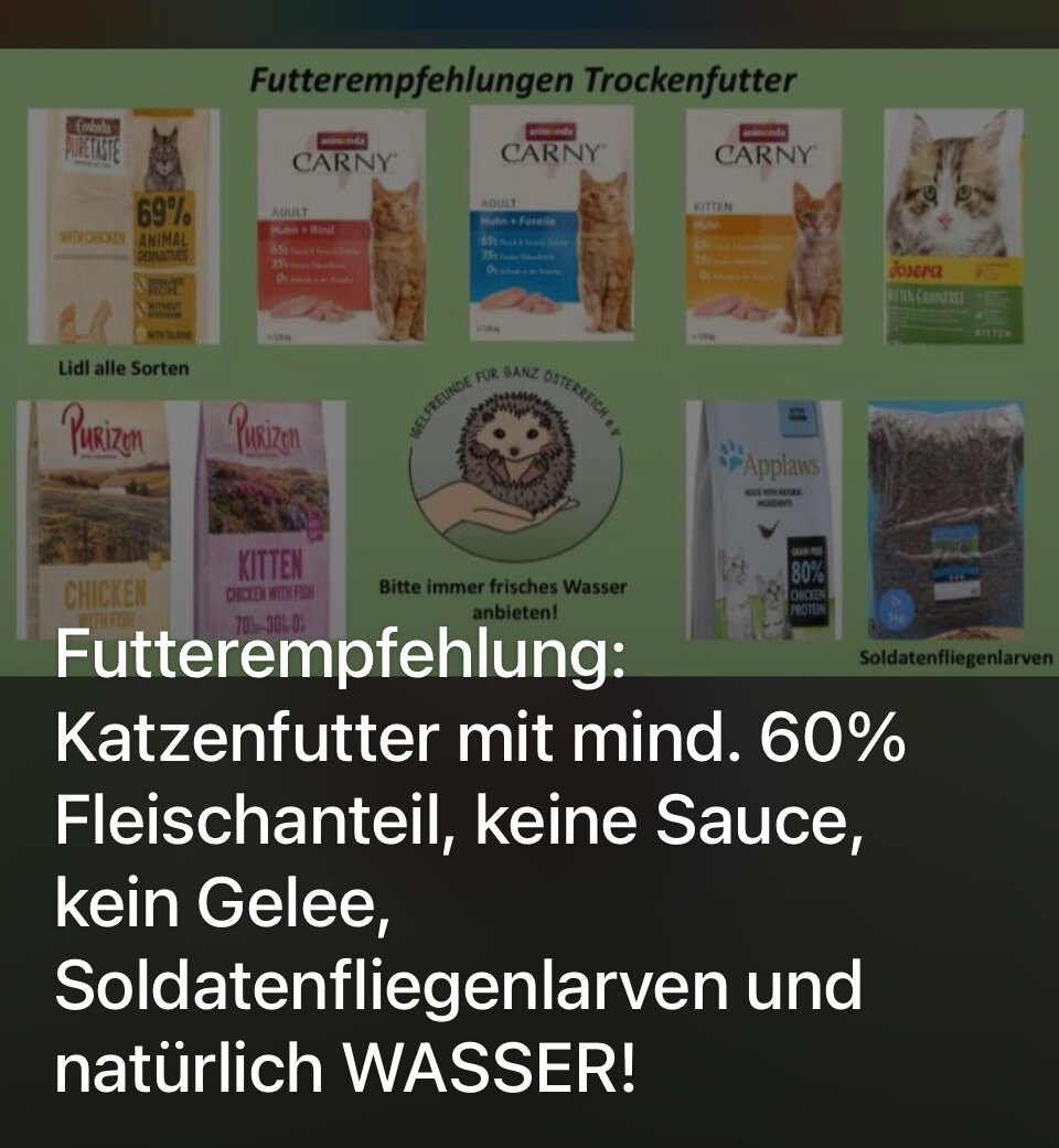 Empfehlungstafel der Igelfreunde für ganz Österreich mit abgebildeten Trockenfutter-Packungen, die sich zur Zufütterung von Igeln eignen