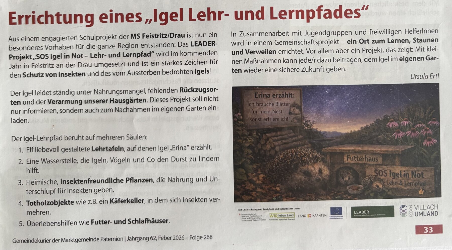 Zeitungsbericht im Gemeindekurier Paternion über die Errichtung des Igel Lehr- und Lernpfades in Feistritz an der Drau, mit Projektbeschreibung, Lehrtafel-Motiv und den Logos der Förderstellen